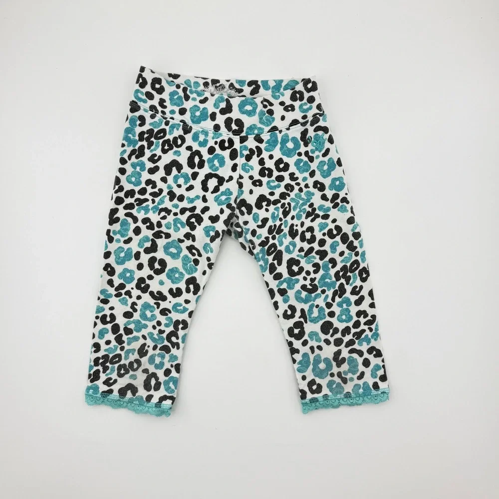 Justice Girls Y2K Leopard Print Cropped Leggings Teal &‎ Black Lace Trim Size 6